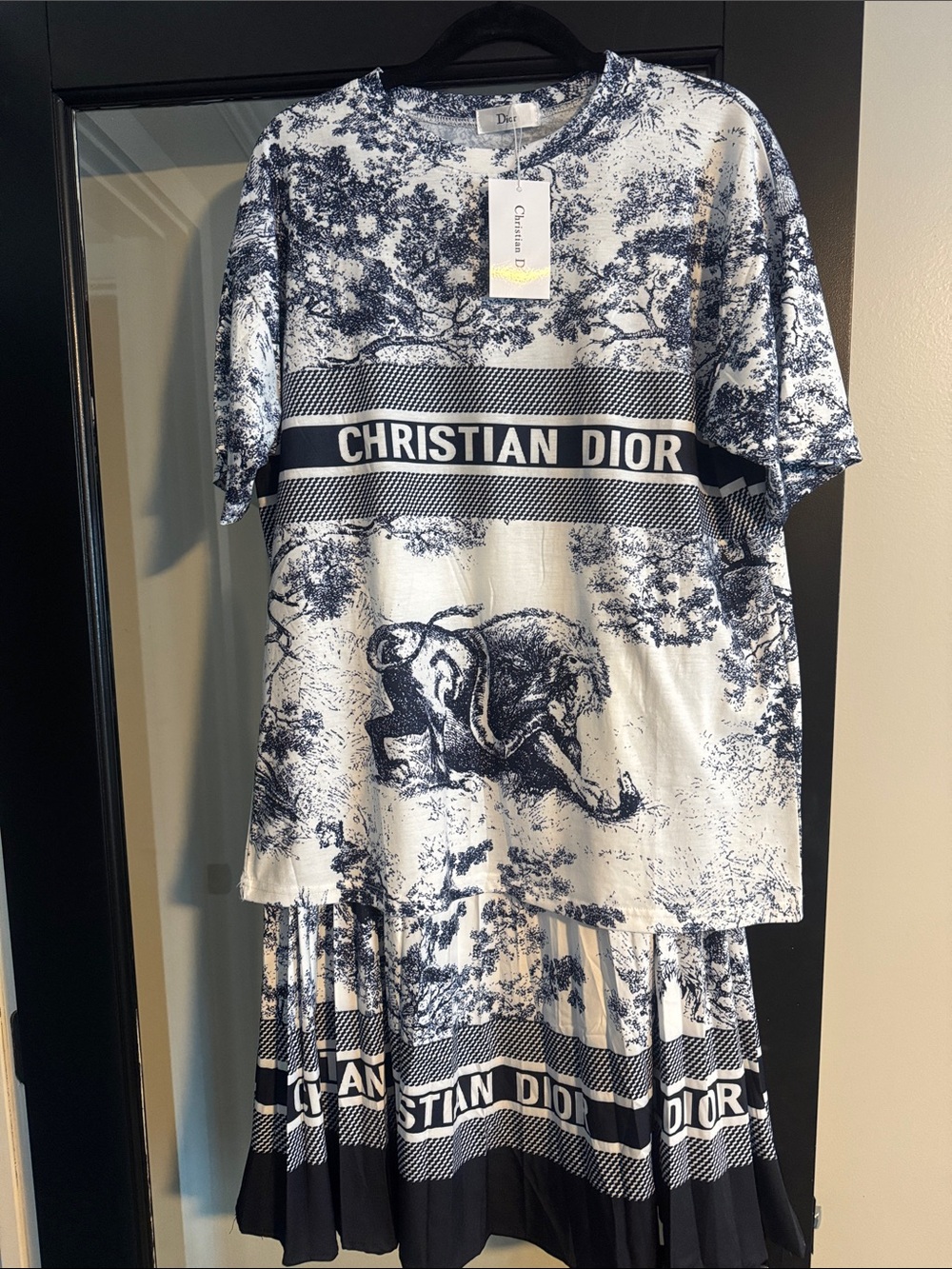 Dior Women Navy and White Toile Logo Tee and Skirt Set